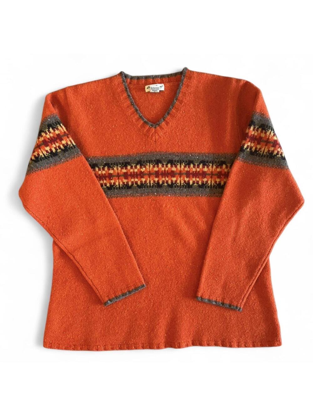 Vintage Eddie Bauer XL Tall Fair Isle Wool Sweater Orange V Neck